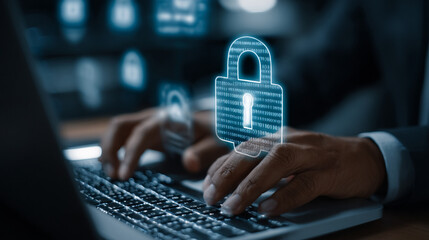 Data privacy and cyber security for business protection, Protect personal information, Businessman using encryption on laptop and smartphone, Secure confidential data and defend against cyberattack