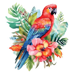 Obraz premium Colorful parrots, including macaws and parakeets, perch on a tropical branch in nature, showcasing their vibrant feathers and beaks