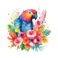 Obraz premium A colorful blue and yellow macaw parrot with a vibrant red beak sits on a tree branch, showcasing its beautiful tropical feathers