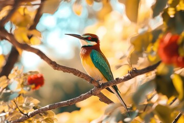 Obraz premium European beeeater perched on branch among colorful leaves in a sunlit garden, European bee eater Merops apiaster The bird is sitting on a branch Close up
