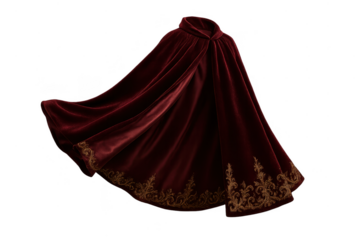 Elegant red velvet cape with golden embroidery isolated on transparent backdrop