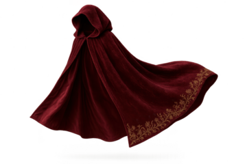 Elegant red velvet cloak with golden floral embroidery on transparent background