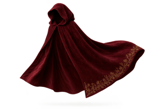 Elegant red velvet cloak with golden floral embroidery on transparent background