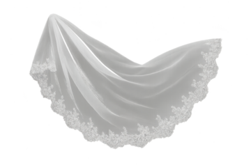 Elegant white wedding veil with lace border isolated on a transparent background
