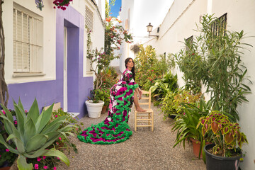 Young, pretty, brunette, flamenco dancer, showing her beautiful dress, posing with one foot on a...