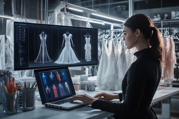 A fashion designer works on her laptop, reviewing a 3D rendering of her latest dress design. The studio is futuristic, featuring sleek monitors, digital tools, and racks of completed garments.