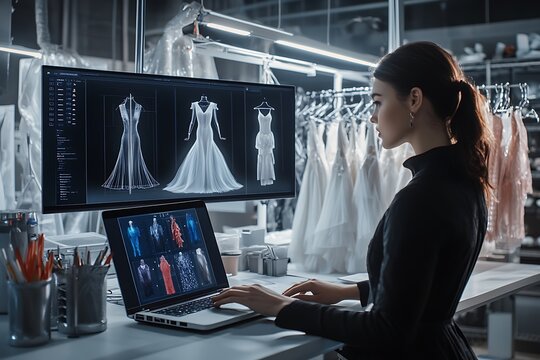 A fashion designer works on her laptop, reviewing a 3D rendering of her latest dress design. The studio is futuristic, featuring sleek monitors, digital tools, and racks of completed garments. - Powered by Adobe