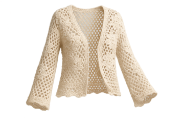 Elegant cream crochet cardigan isolated on a transparent background, cozy knit