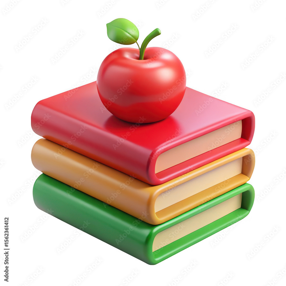 Poster stack of colorful books with red apple on top isolated on transparent background