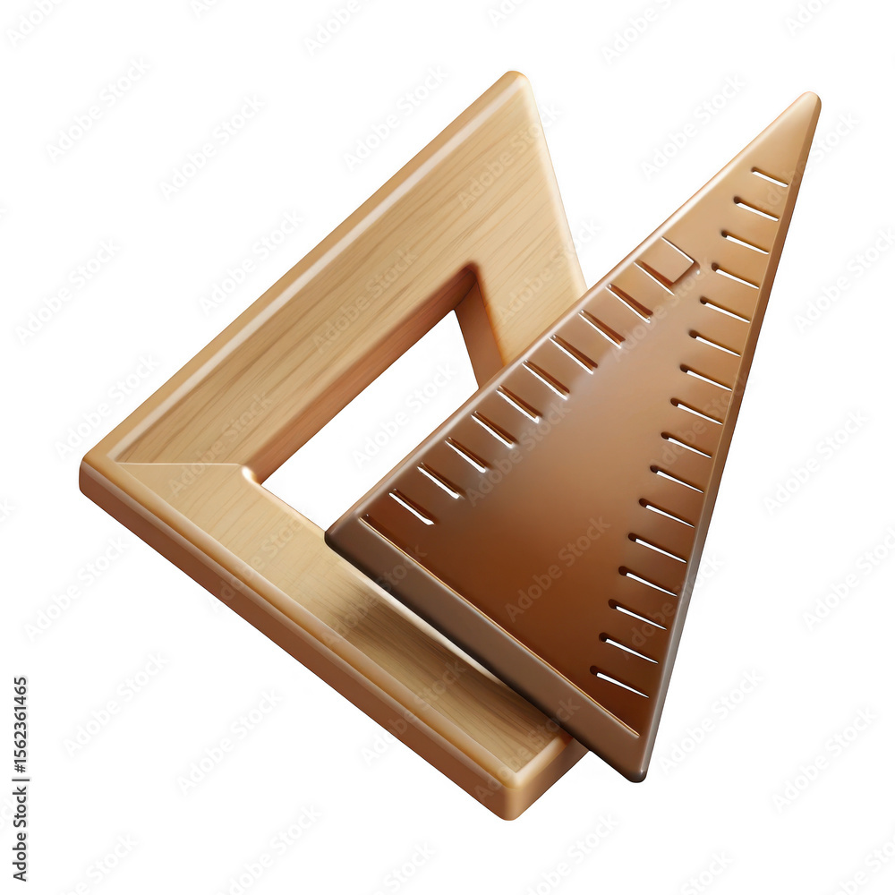 Poster wooden set square and triangle ruler isolated on transparent background