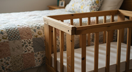 *Handmade co-sleeper crib with rustic wood grain against patchwork quilt, high-key sunlight through blinds for organic nursery editorial shot with copy space*  