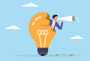 Vector illustration of a businessman announcing an idea through a megaphone from inside a large broken light bulb, symbolizing bold innovation, breakthrough thinking, and creative communication
