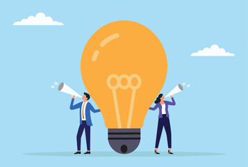 Vector illustration of two business professionals announcing ideas through megaphones beside a large light bulb, symbolizing creativity, innovation, and teamwork
