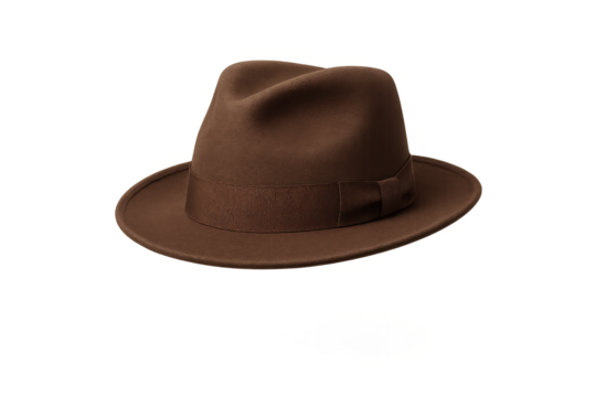 Classic brown fedora hat isolated on transparent background, stylish headwear