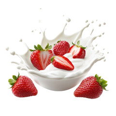 Milky splash surrounds fresh strawberries creating a vibrant culinary scene, Milk or yogurt splash with strawberries isolated on Transparent background