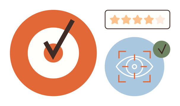 Target with checkmark, focused eye with tracking area, and five-star rating. Ideal for goals, success, performance, accuracy, vision quality assurance progress. Simple flat metaphor