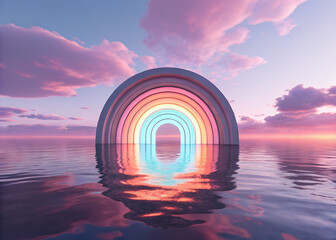 A glowing pastel arch stands over calm water under a pink and purple sky