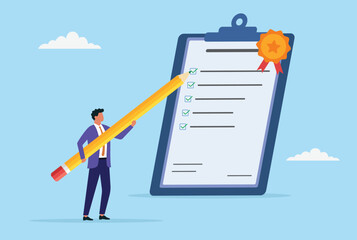 Vector illustration of a businessman holding a giant pencil and marking a checklist on a large clipboard with a quality badge, symbolizing task completion, quality assurance, and productivity
