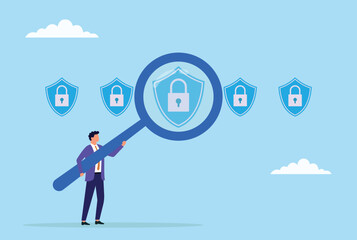 Vector illustration of a businessman analyzing a security lock through a large magnifying glass, representing thorough security inspection, risk analysis, and safeguarding assets
