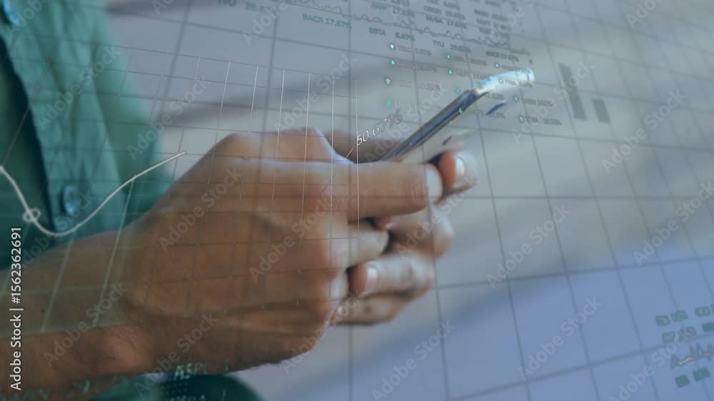 Poster man tapping and swiping phone screen, fading grid, animating charts merging for finance dashboard