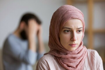 Frustrated sad young muslim woman having relationship problems, concept of domestic violence and resentment, married couple in a quarrel