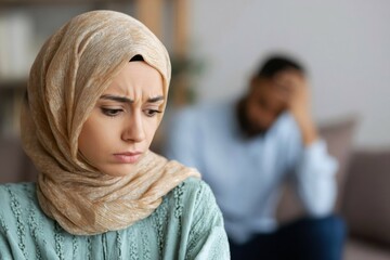 Frustrated sad young muslim woman having relationship problems, concept of domestic violence and resentment, married couple in a quarrel