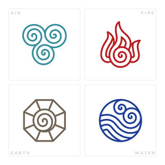Minimal line icons of four classical elements: air, fire, earth, and water. Clean vector symbols in spiral geometric style, ideal for spiritual design, tattoo concepts, esoteric art, or branding.