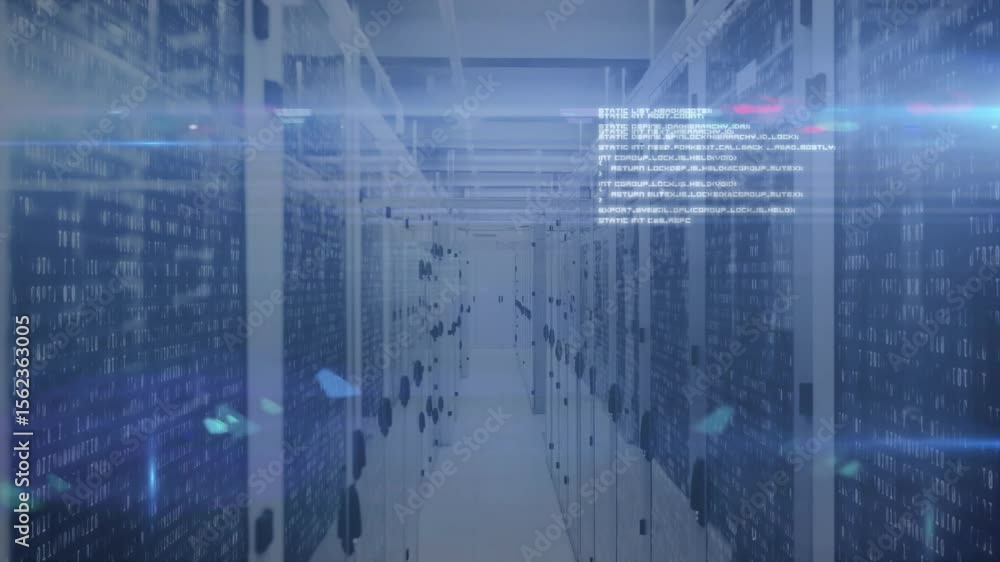 Poster blue code streams appearing near center and drifting across server rack aisle showing data flow