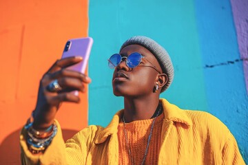 Fashionable young influencer recording video selfie on phone, social media blogger, bright background, young generation, online promotion concept