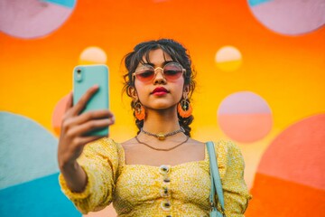 Fashionable young influencer recording video selfie on phone, social media blogger, bright background, young generation, online promotion concept