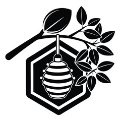 Honeycomb Haven Beehive Illustration with Branch and Leaves