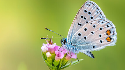 Obraz premium A blue butterfly is sitting on a pink flower