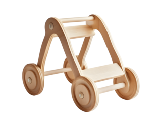 A classic red retro wooden toy truck with a child's tricycle and baby stroller on a white isolated background