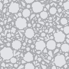 Monochrome gray and white ditsy floral silhouettes seamless pattern. Hand drawn nature backdrop with tiny flowers. Doodle blooms and leaves texture.
