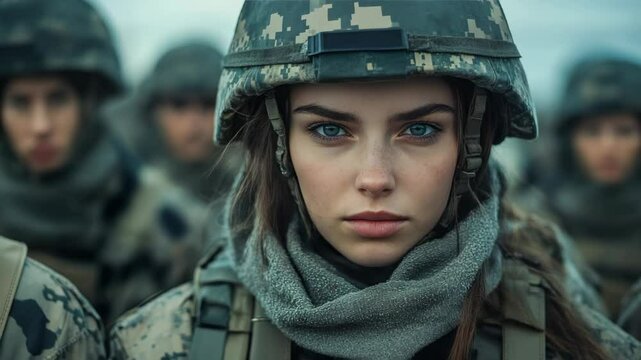 Female soldier in camouflage uniform and helmet, sharp focus, blurred background, concept of strength, courage, and determination