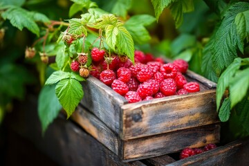 Fresh raspberries in a wooden box surrounded by bushes of growing raspberries, concept of picking ripe berries in season, rural life