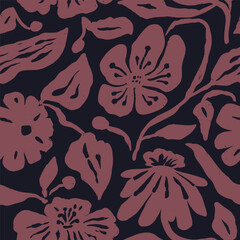 Monochrome black and burgundy brush strokes inky flowers seamless pattern. Abstract loose floral contemporary background. Textured botanical minimalist wallpaper