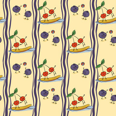 Cute hand drawn seamless pattern with cherries and blueberries playing on the beach, surfing and playing ball. Concept of summer fun, healthy lifestyle, and playful fruit characters.