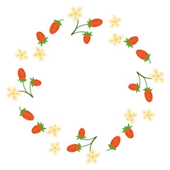 Hand drawn wreath frame made of strawberries and delicate flowers on white background. Concept of natural beauty, freshness, and organic decoration for summer or spring designs.