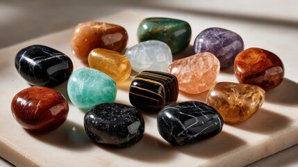 Assorted healing crystals on a white surface with diffused light, showcasing colorful textures and a serene, balanced composition. Ideal for wellness and meditation themes.