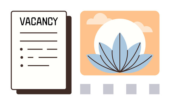 Vacancy poster with bold header, bullet points, and lotus design in a serene background. Ideal for recruitment, job openings, nature, wellness, meditation minimalism simplicity. Simple flat - Powered by Adobe