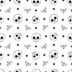 Seamless pattern with cute hand drawn monochrome Halloween skulls. Black and white Line art Day of The dead repeat background.
