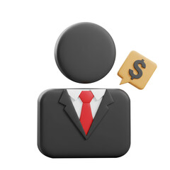 Icon of a man or businessman in a suit with a red tie and a dollar sign in a speech bubble, on transparent background.
