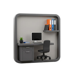Modern office desk with computer monitor, chair, documents, and plant. Work from home concept on transparent background.