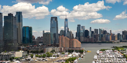 Manhattan aerial skyline, New York, United States. Panorama view of New York city skyscrapers in...