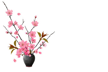 Pink sakura flowers in a gray vase on transparent background. Blooming spring branch for seasonal decoration and greeting card.