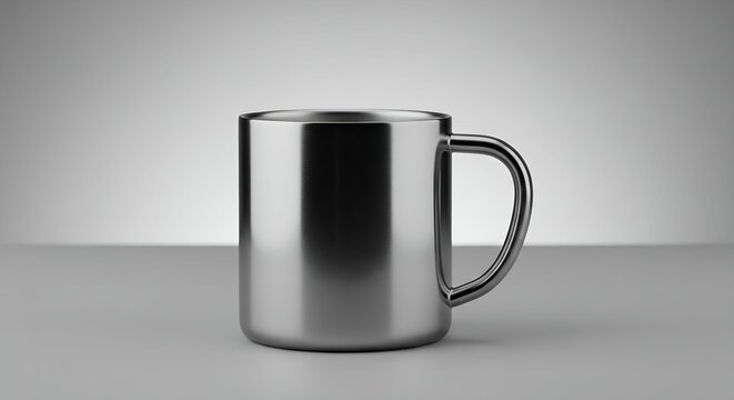  close up shiny bright traditional stanless steel mug in white background