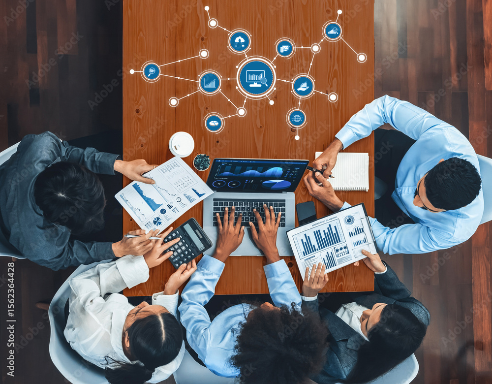 Poster a diverse team works collaboratively on data analysis and strategy development, using technology and