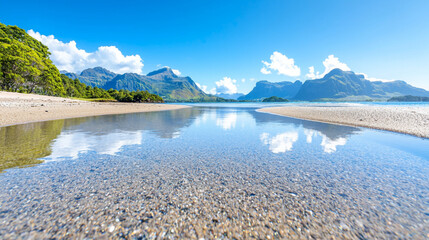 A beautiful beach with a clear blue sky and mountains in the background