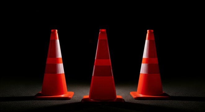 closeup three shiny orange traffic cones barriers in dark background